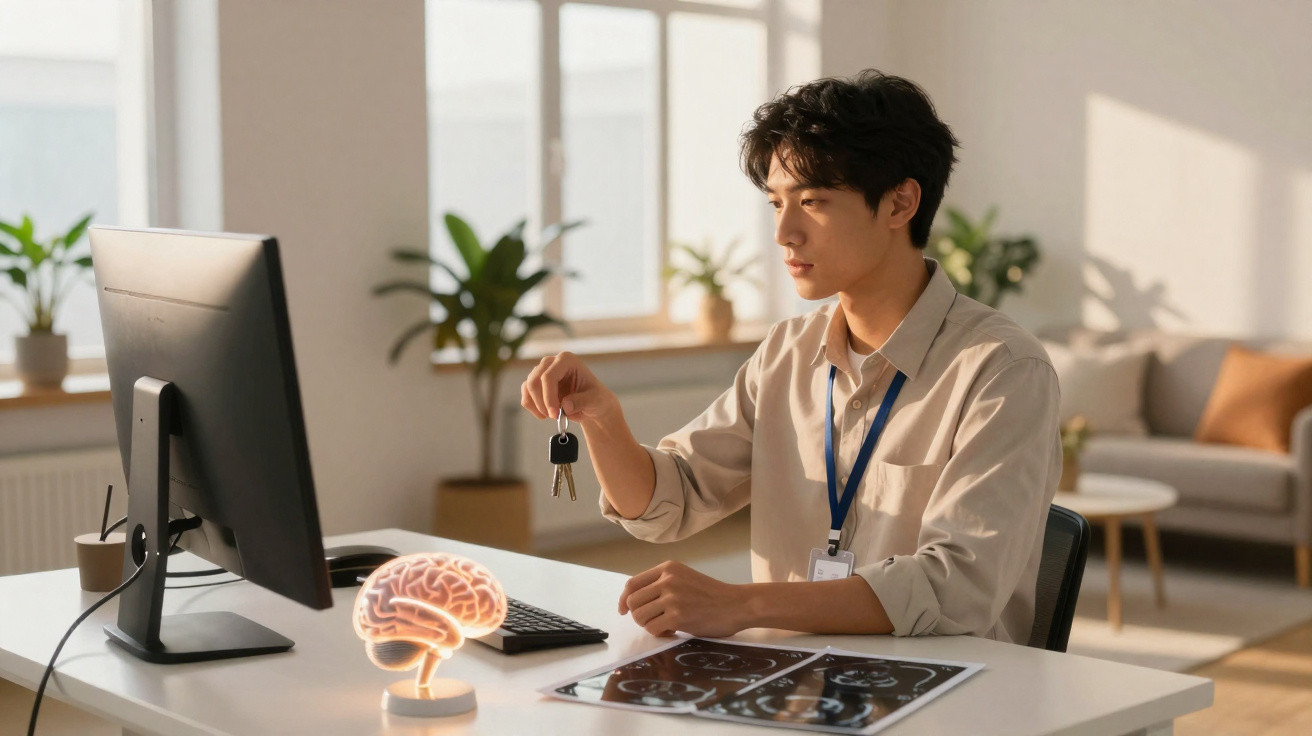 Man sitting at desk holding keys with brain model and brain scans on table in bright office.