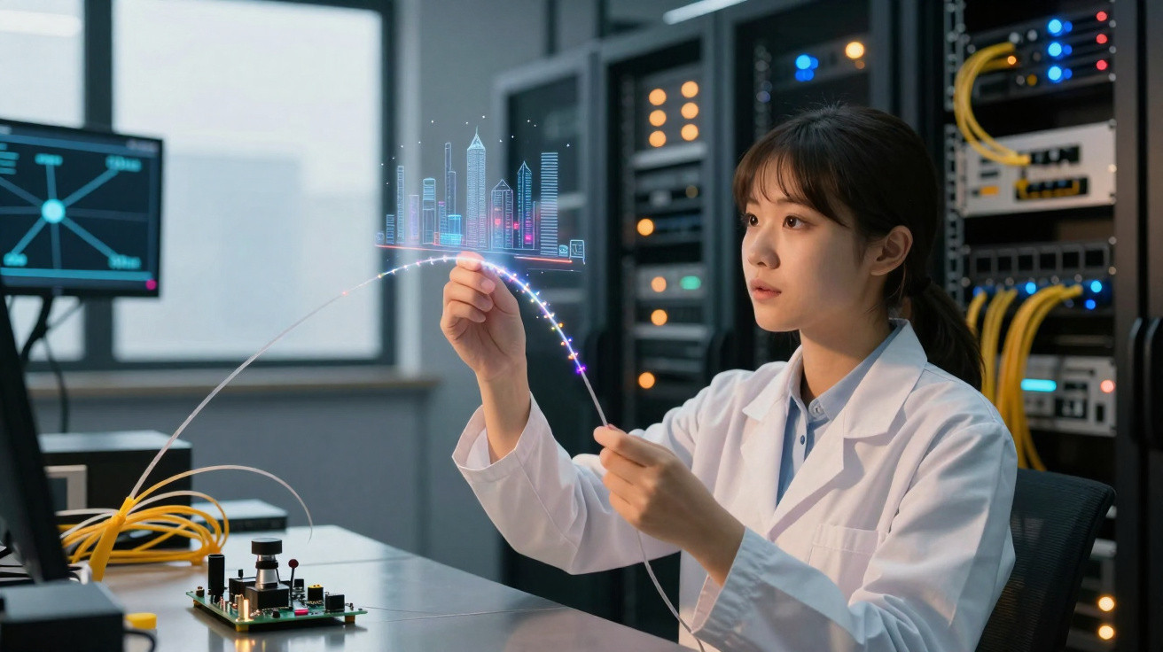 Scientist in a lab coat working with fibre optics and a digital city hologram in a server room.