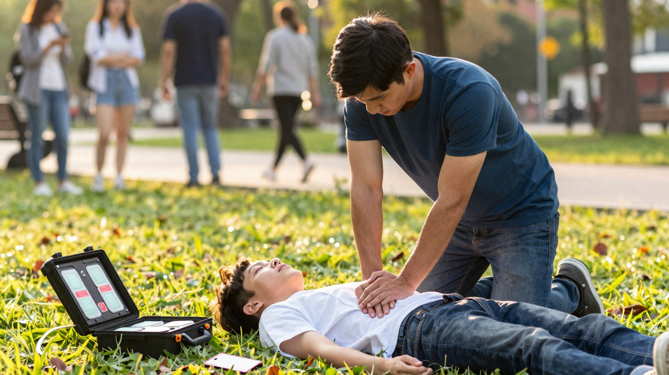 Young man performing CPR on a boy lying on grass in a park with a defibrillator nearby.