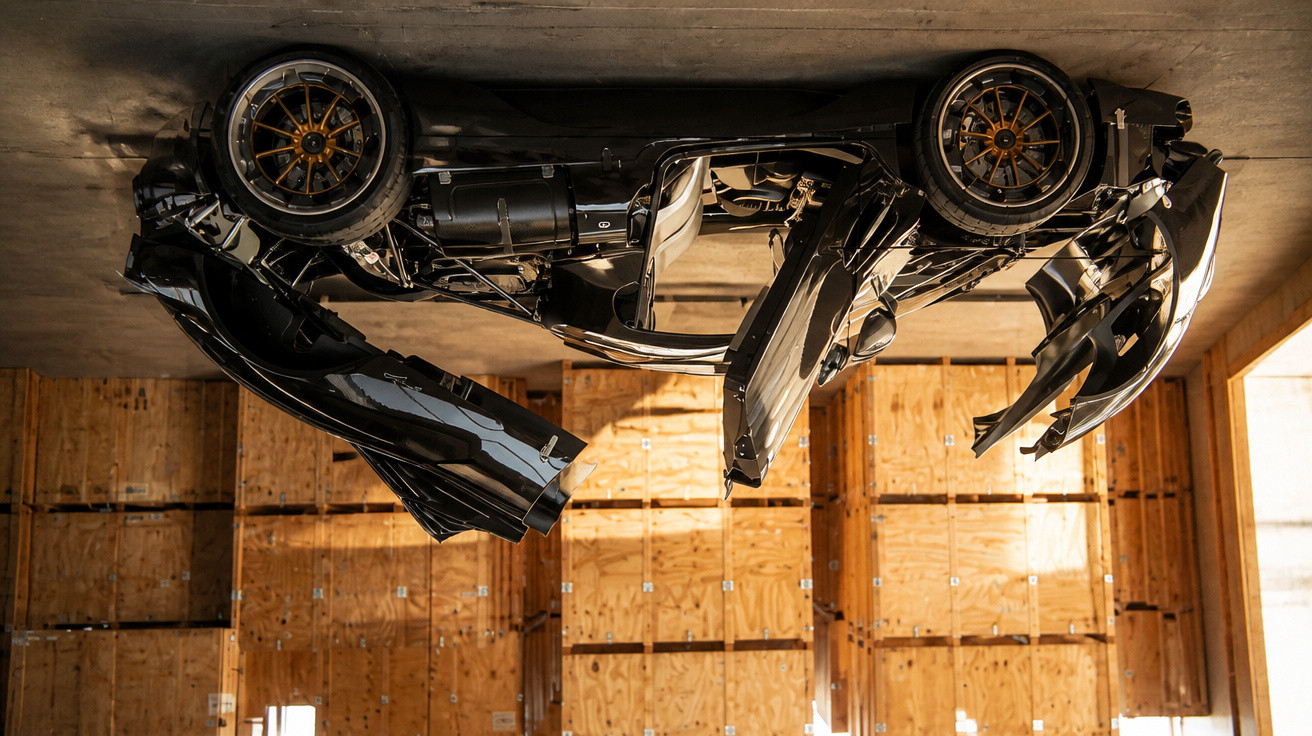 Black sports car disassembled and suspended mid-air inside a wooden panelled garage.