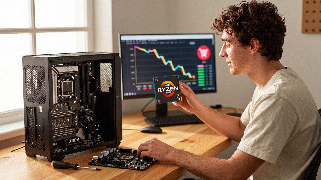 Young man holding AMD Ryzen 7 processor, assembling a computer with components and stock market chart on screen.