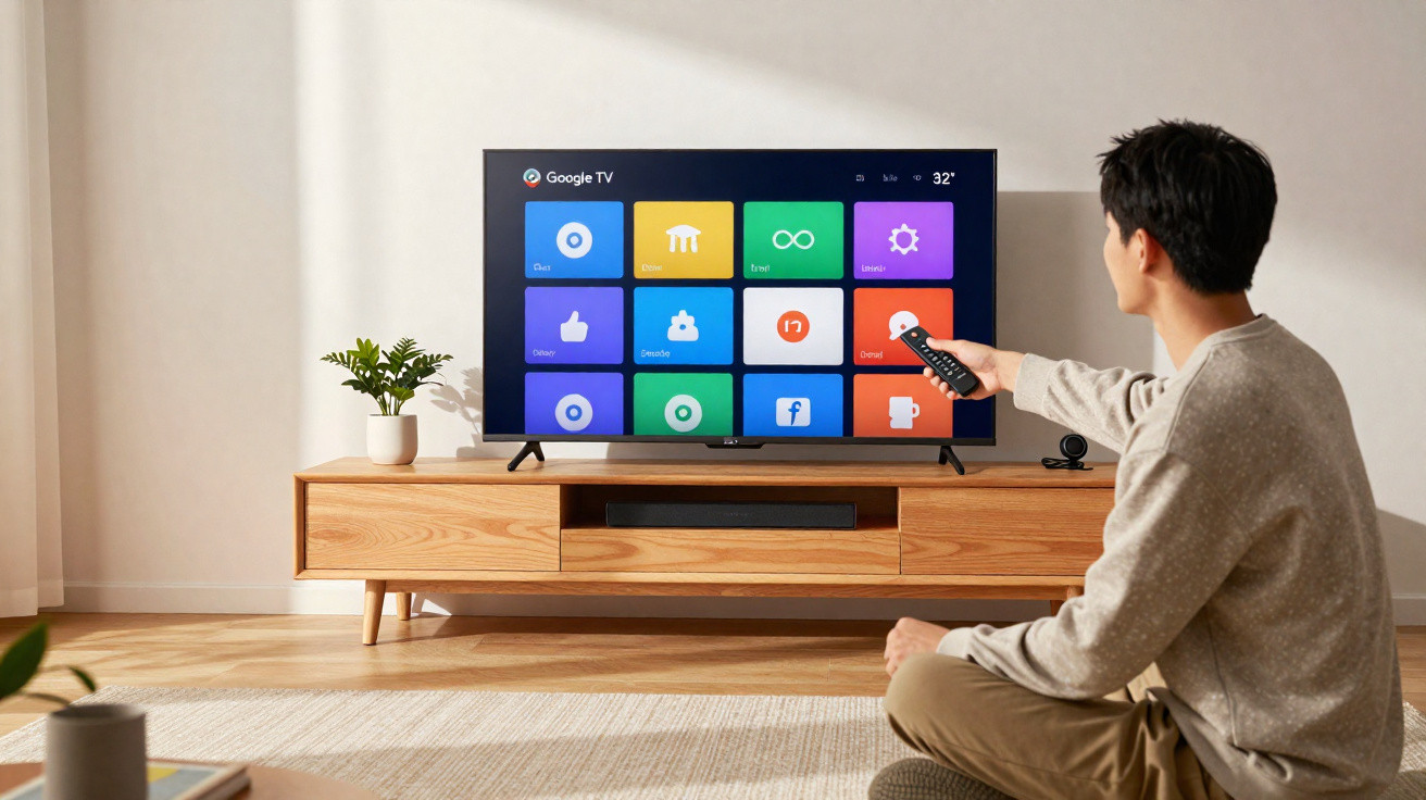 Person sitting on the floor using a remote to navigate colourful Google TV interface on a flat-screen TV on a wooden stand.