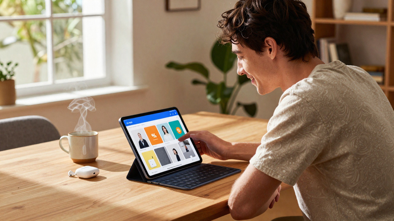 Young man using a tablet with keyboard on a wooden table near a steaming mug and wireless earbuds.