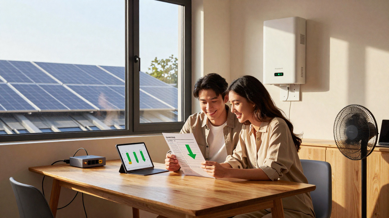Couple reviewing energy bills with green charts in a modern room with solar panels visible through the window.