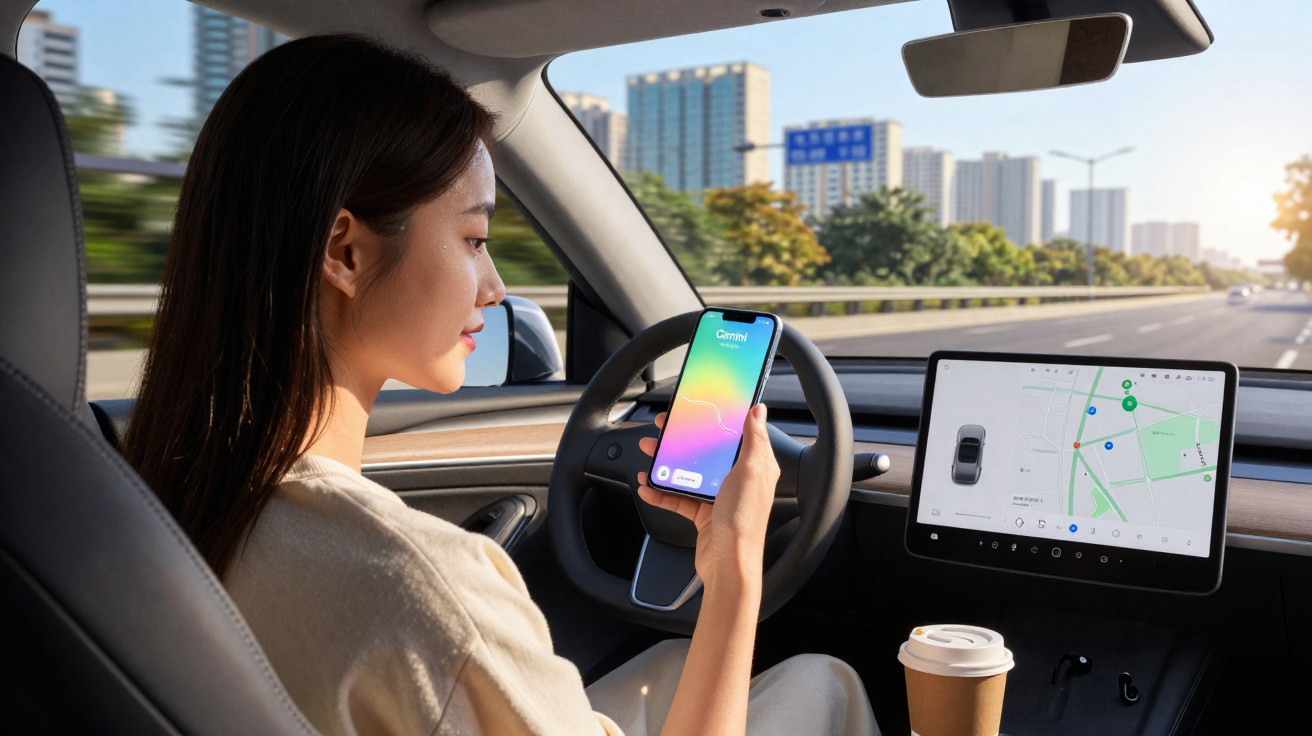 Woman in car using smartphone with navigation displayed on the dashboard screen, coffee cup nearby on console