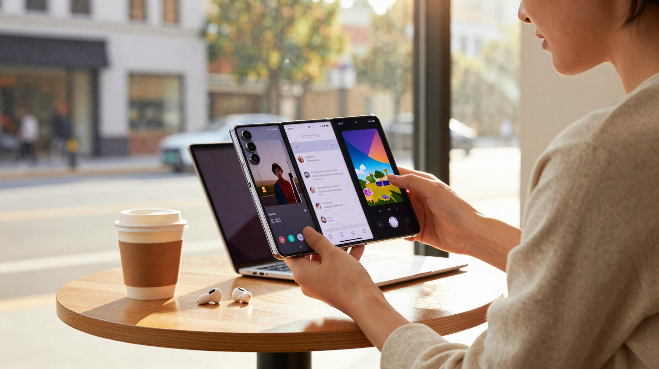 Person holding an open foldable smartphone showing multiple apps, seated at a table with laptop, coffee, and wireless earbuds