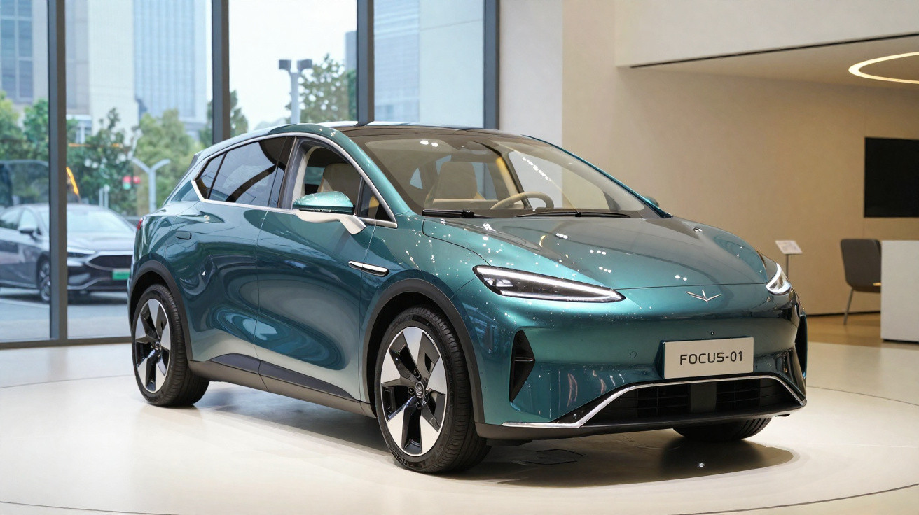 Glossy green electric SUV displayed indoors with sleek design and modern LED headlights.