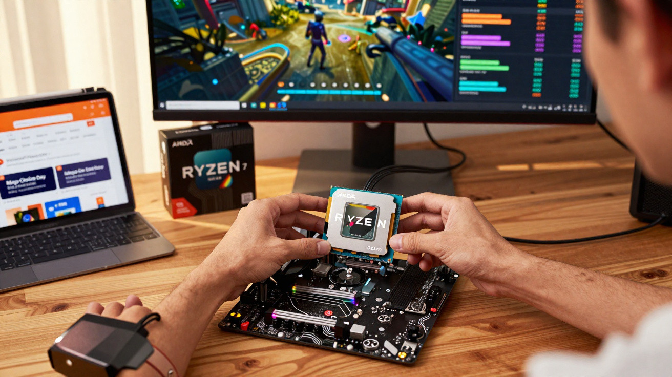 Person installing an AMD Ryzen 7 CPU onto a motherboard with gaming and tech gear in the background.