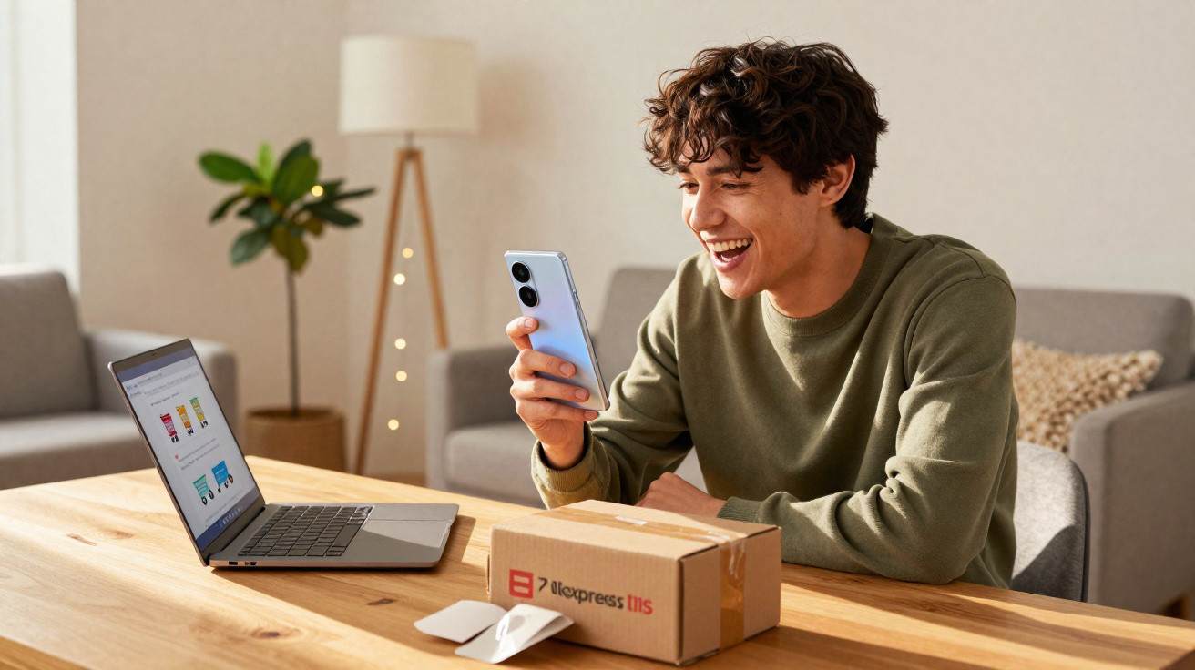 Young man smiling at smartphone while sitting at table with laptop and delivery box in cosy living room.