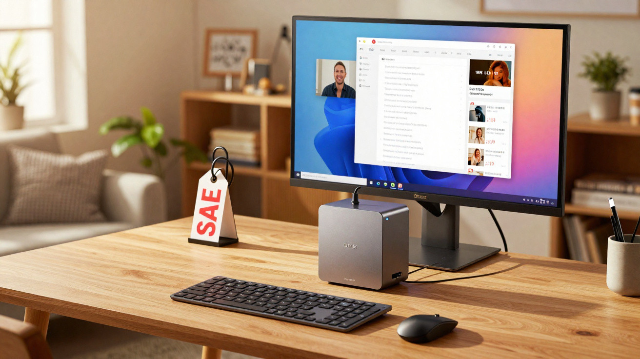 Desktop computer setup on wooden desk with monitor, keyboard, mouse, and SAE tag in a bright office room.