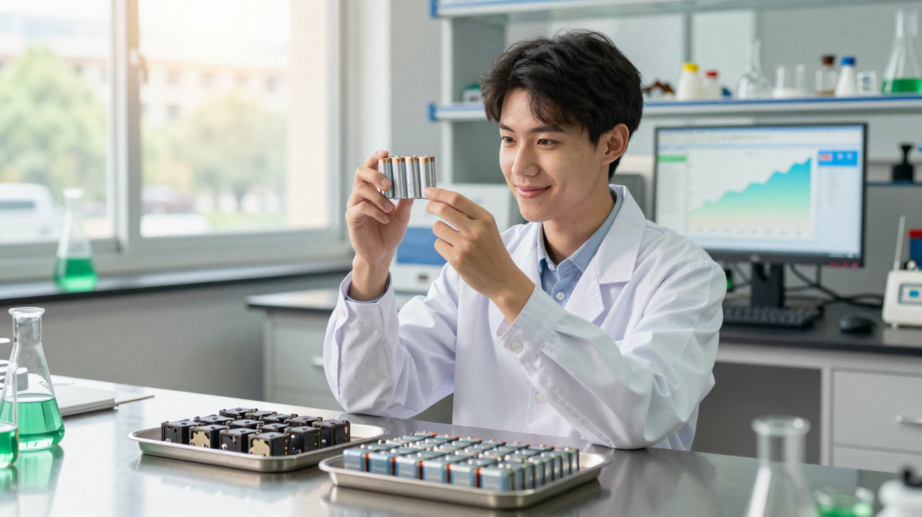 Scientist in lab coat examining batteries with trays of batteries and computer showing graph in the background.