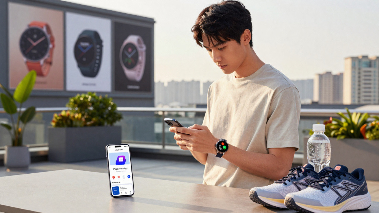 Young man wearing a smartwatch, using a smartphone outdoors with running shoes and water bottle on the table.