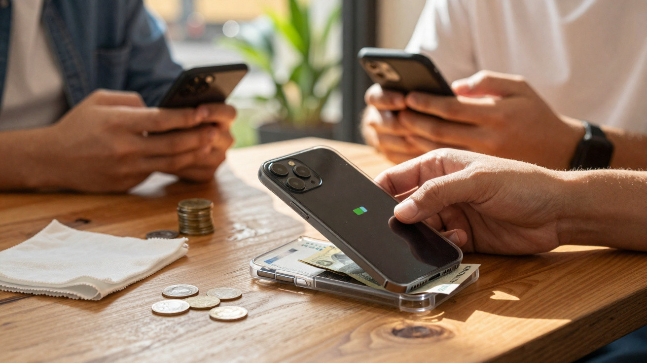 Hand holding smartphone above another phone with cash on wooden table, two people using phones in background.