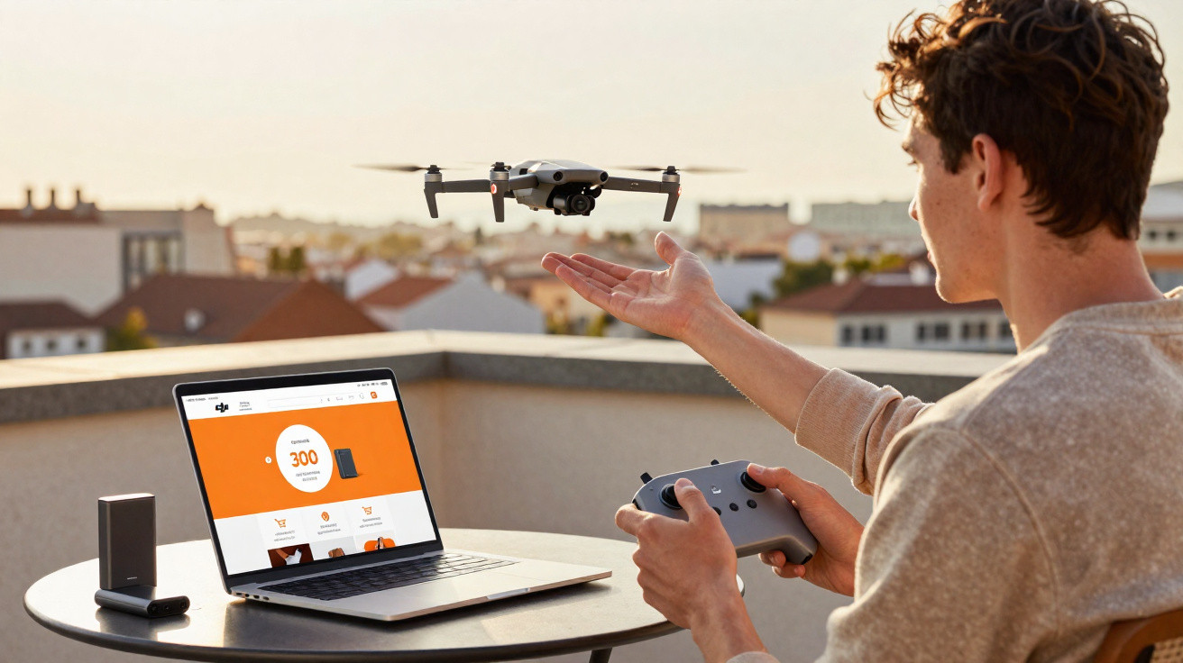 Man controlling a drone flying over a balcony table with a laptop and drone controller at sunset.