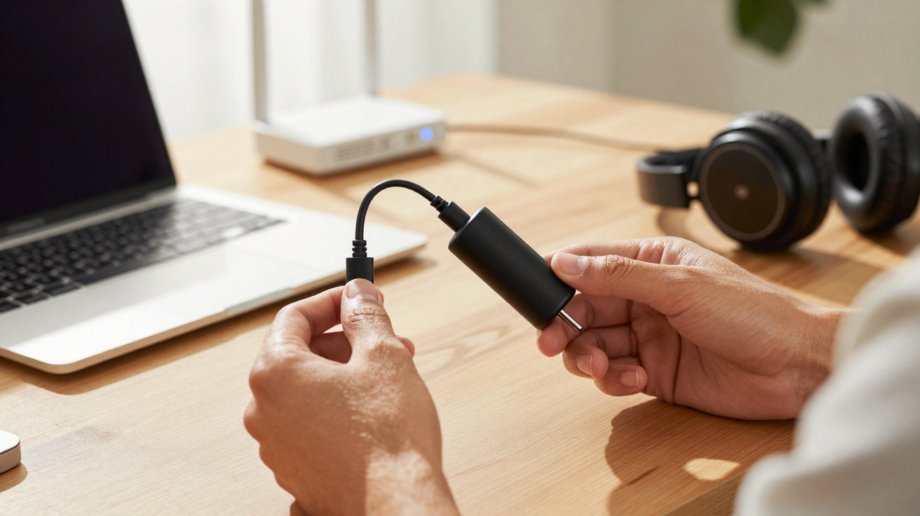 Person connecting a black USB-C adapter cable at a wooden desk with a laptop and headphones nearby.