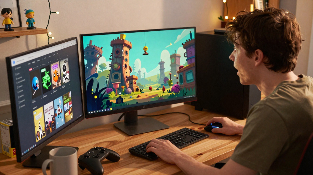 Person playing video games on a dual-monitor setup with a colourful animated game on one screen.