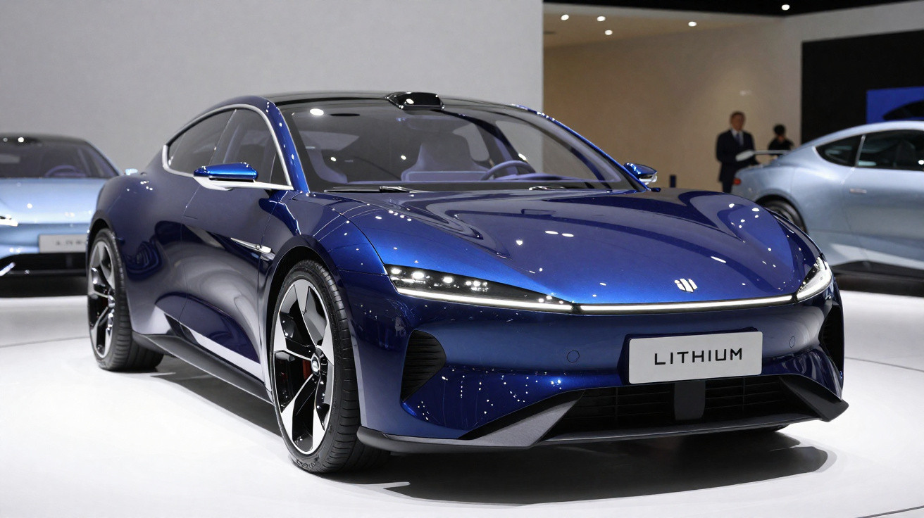 Sleek dark blue sports car with modern headlights displayed in a bright showroom with other vehicles in the background.
