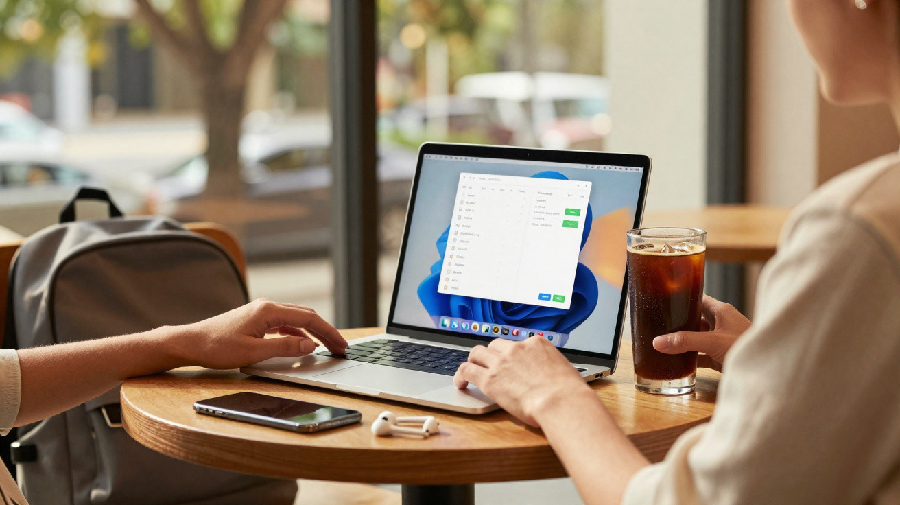 Two people using a laptop on a round table with a smartphone, earphones, and a glass of iced drink nearby.