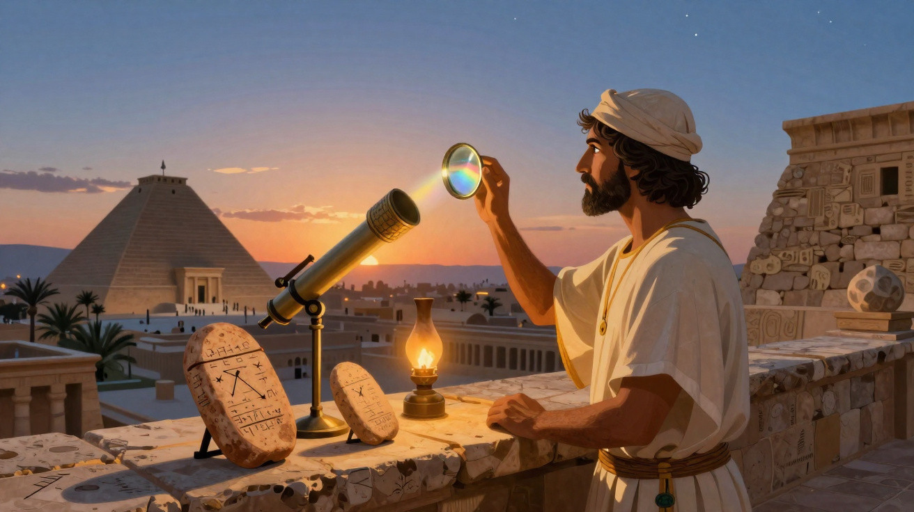 Ancient astronomer examining a lens with a telescope at sunset by a pyramid in a historic city.