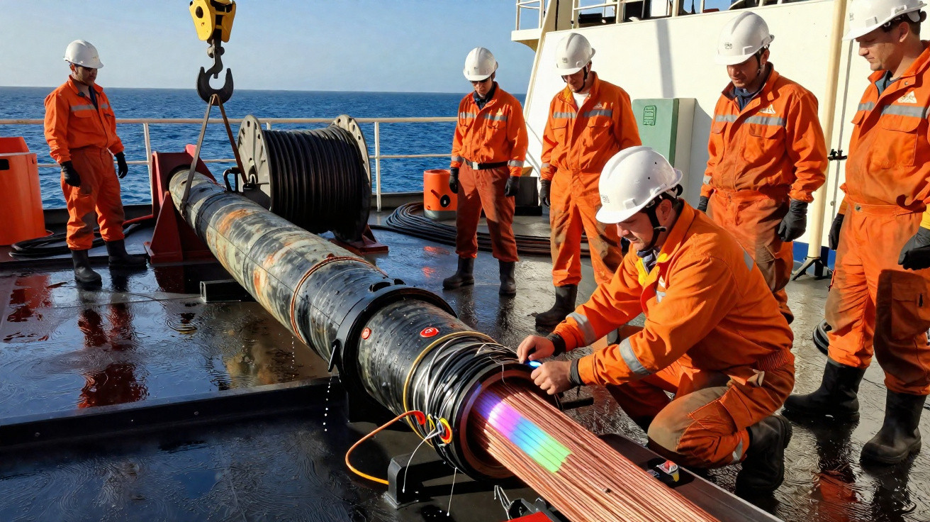 Workers in orange safety gear inspecting a large underwater cable on a ship deck at sea.