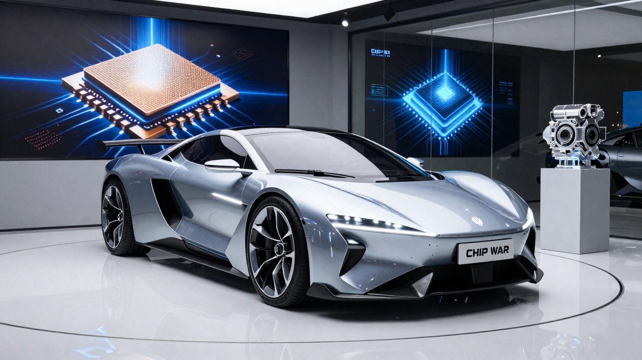 Silver Chip War sports car displayed in a modern showroom with digital chip graphics in the background.