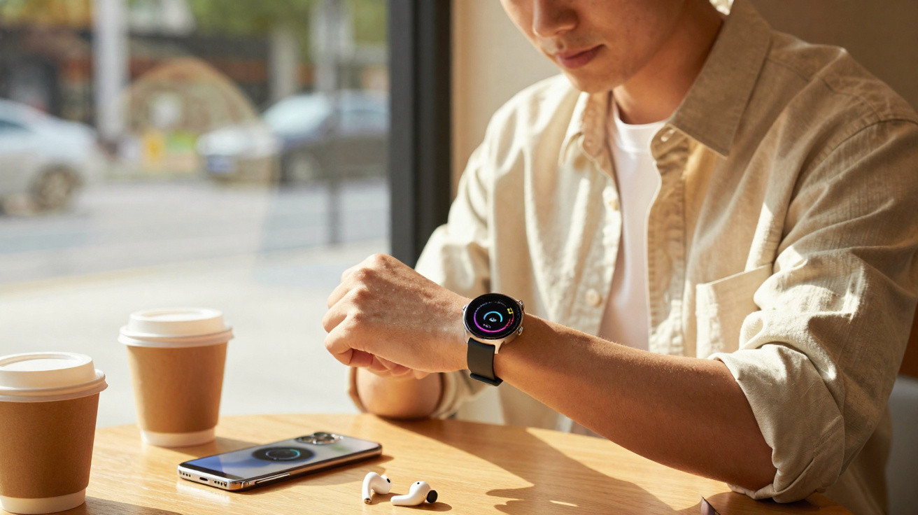 Man checking a black smartwatch while sitting at a wooden table with coffee cups, smartphone, and wireless earbuds.