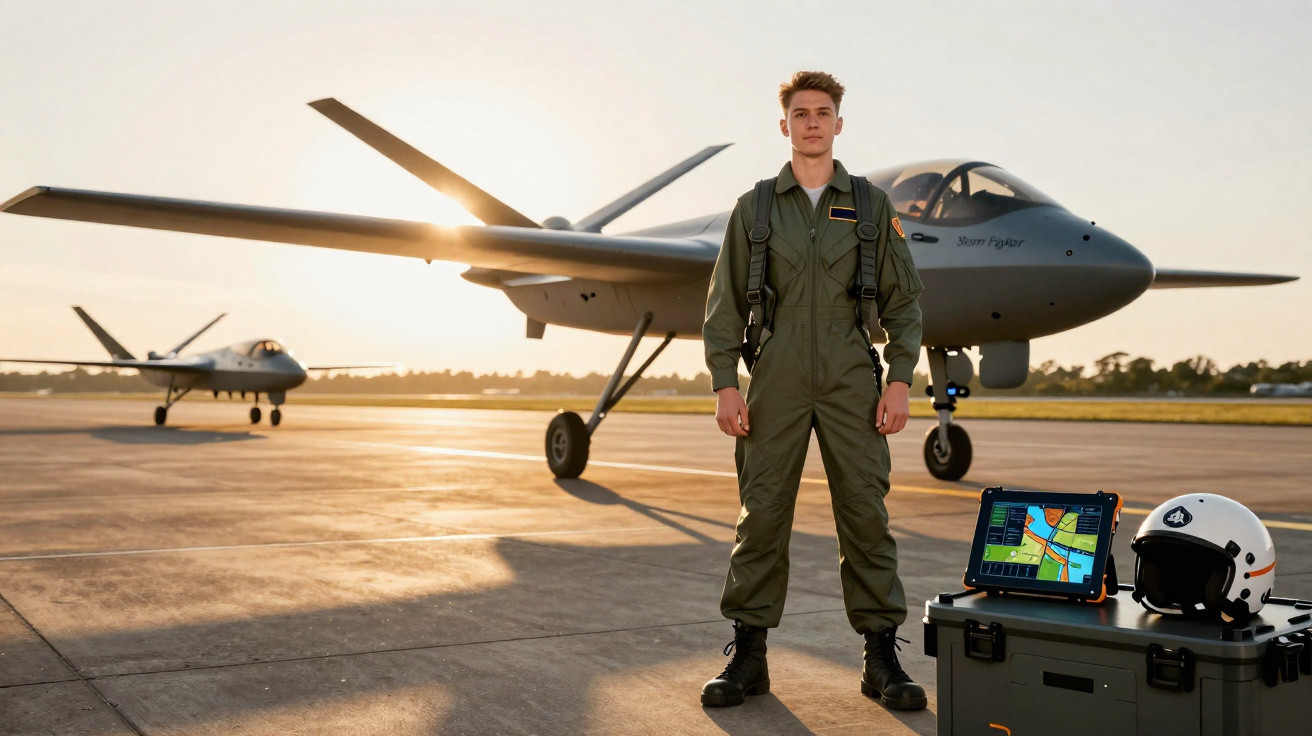 Young pilot in flight suit standing in front of a drone on airfield at sunset with helmet and tablet nearby.