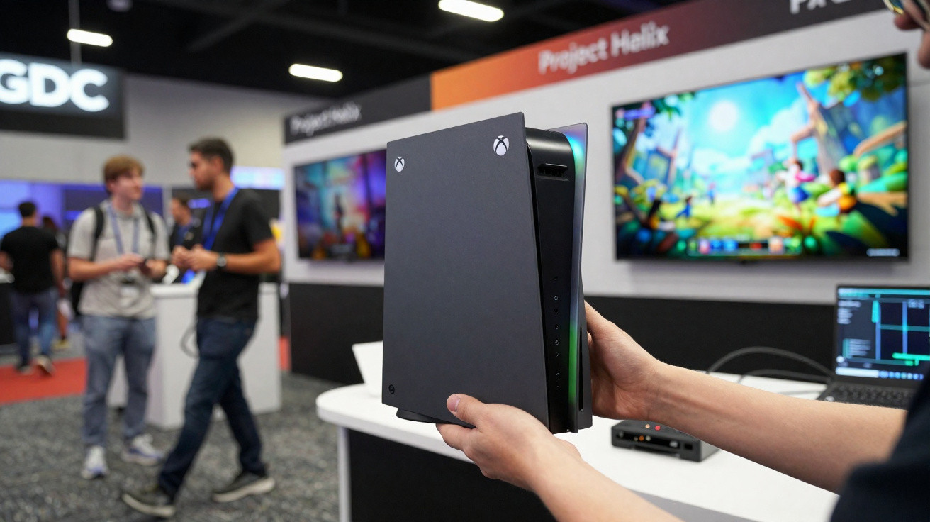 Person holding a black Xbox Series X gaming console at a technology exhibition with screens and attendees in the background