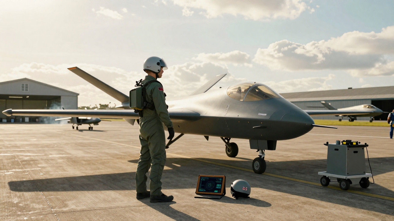 Pilot in flight suit stands near a sleek military drone on an airfield with equipment and hangars in the background.