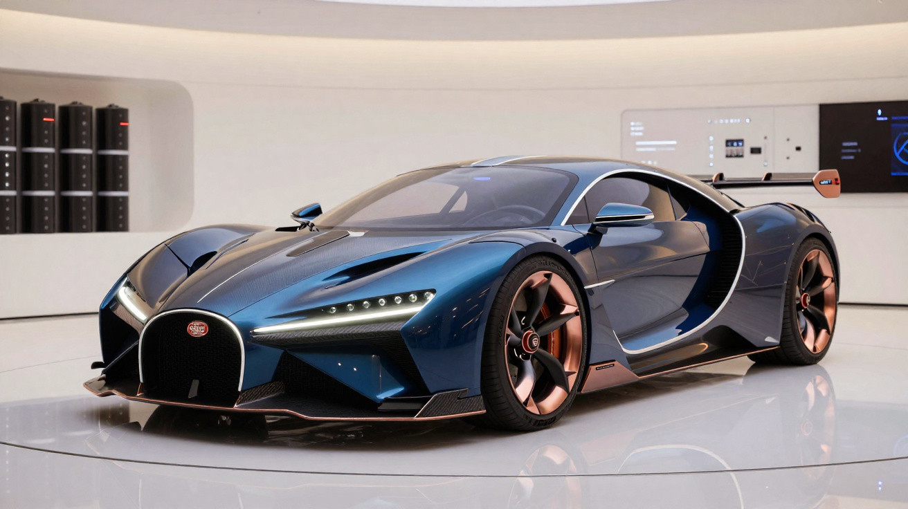 Blue Bugatti sports car with copper accents displayed in a modern white showroom with reflective flooring.