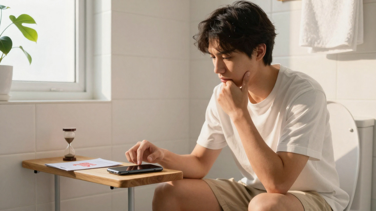 Young man sitting on toilet, using smartphone on a wooden side table in a bright bathroom.