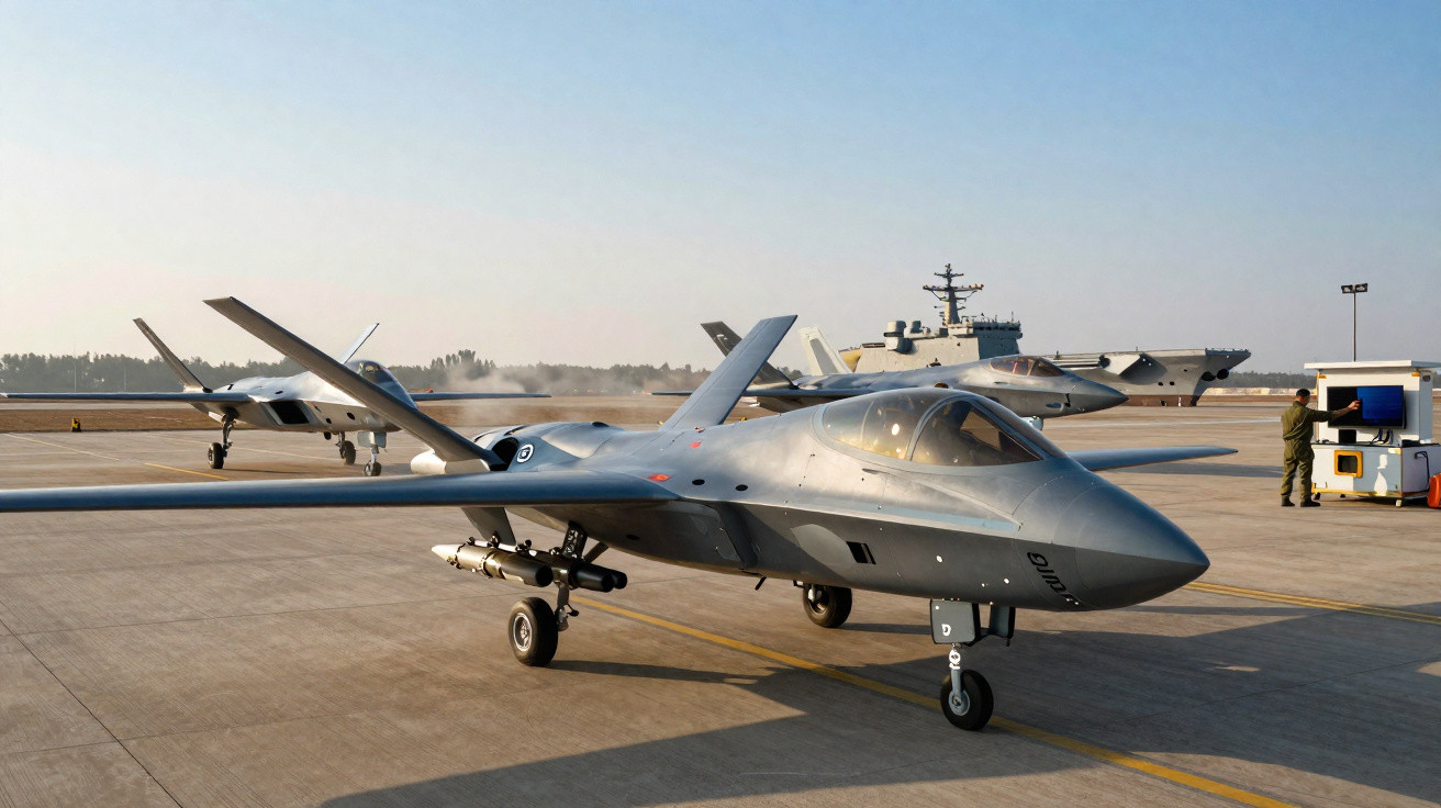 Two advanced military drones on a runway with a warship in the background at a clear sky.