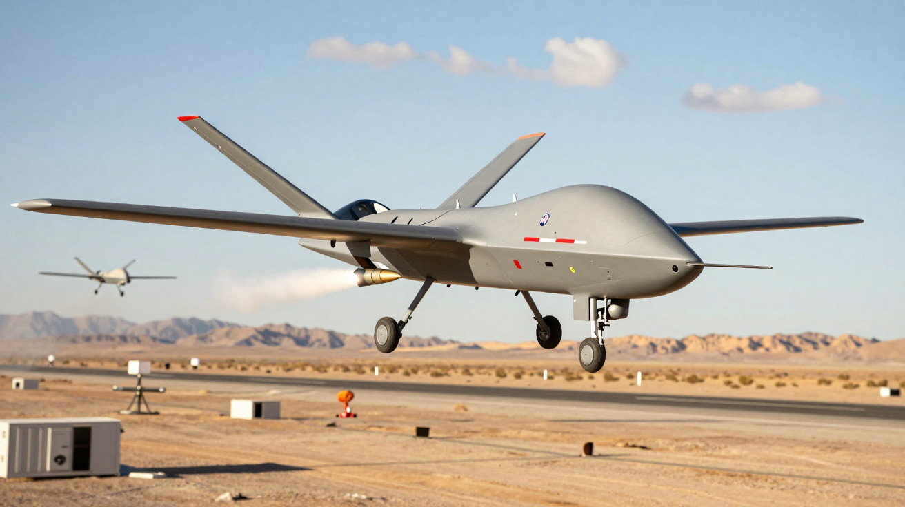 Military drone flying low over desert airstrip with mountains in the background under a clear sky