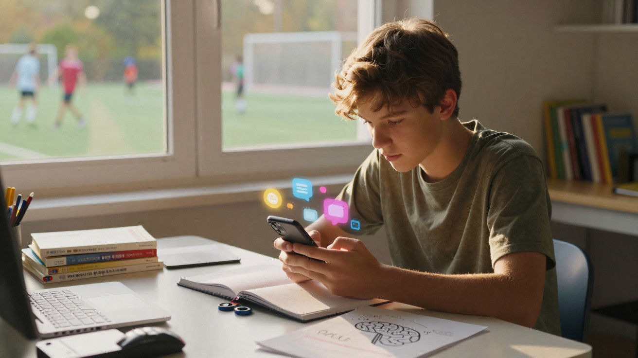 Teenage boy sitting at desk using smartphone with animated social media icons, school books and open laptop nearby.