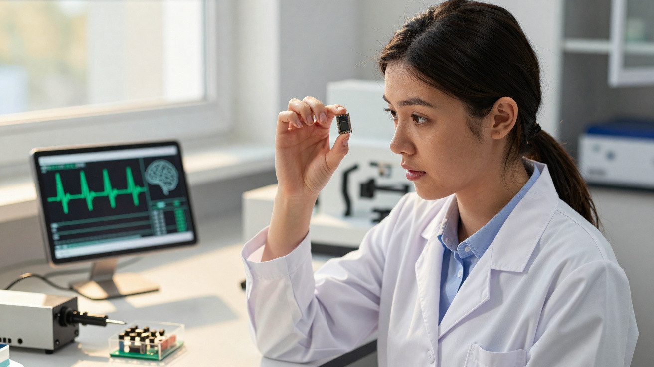 Scientist in lab coat examining a microchip with a computer displaying brainwave data in the background.