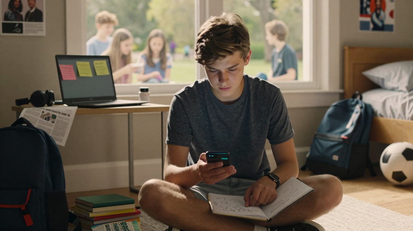 Teenage boy sitting cross-legged on bedroom floor, using phone and writing in notebook, with friends outside window.