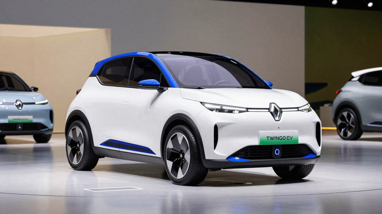 White Renault Twingo EV electric car with blue roof and accents displayed indoors on a glossy floor.