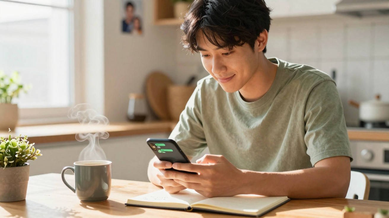 Young man smiling while using smartphone at wooden table with notebook and steaming mug in bright kitchen.