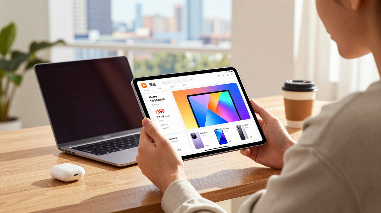 Person holding a tablet displaying tech products, with a laptop, wireless earbuds, and coffee cup on a wooden desk.