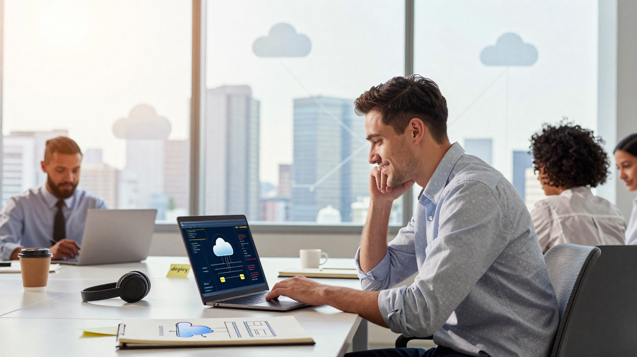 Man using laptop with cloud data on screen in a modern office with colleagues and city view background.