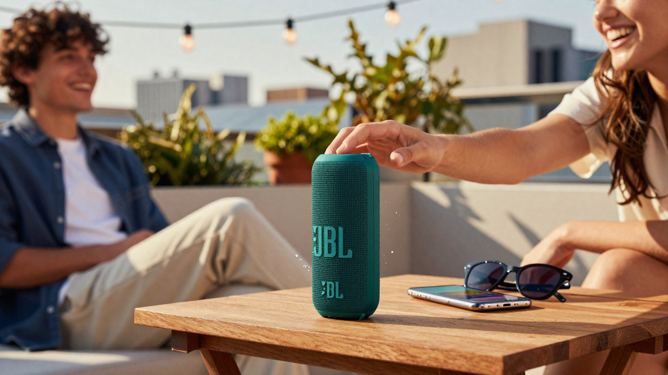Person touching a teal JBL speaker on a wooden table with sunglasses and phone, another person blurred in background.