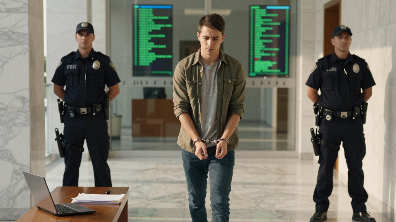 Young man in handcuffs escorted by two FBI agents in a building lobby with digital flight information screens.