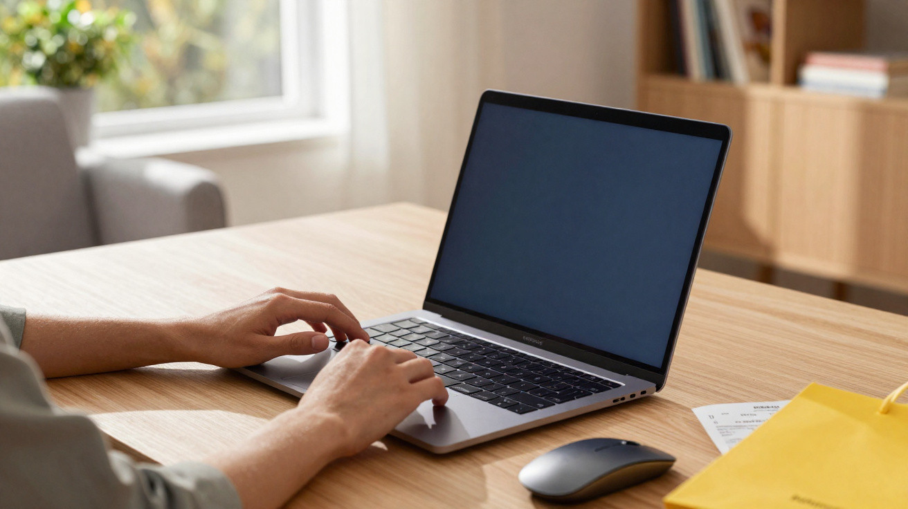 Person typing on a laptop with a wireless mouse and yellow folder on a wooden desk by a window.
