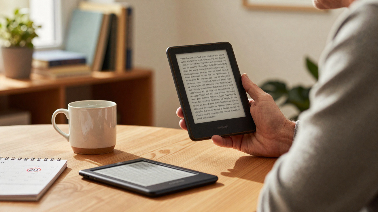Person holding an e-reader with another e-reader, a mug, and a notebook on a wooden table in a cozy room.