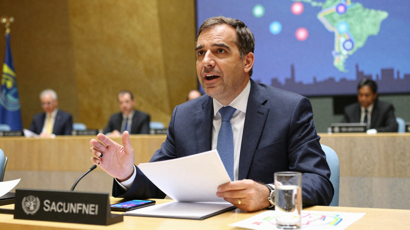 Man in suit speaking at a conference table with papers and digital map displayed on screen behind.