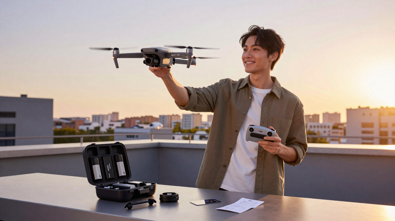 Young man on rooftop holding a drone and remote controller at sunset with drone accessories on table.
