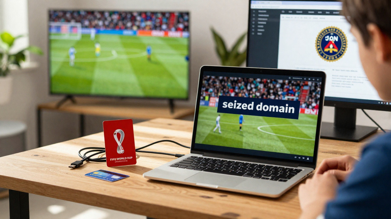 Person watching football on laptop and TV with "seized domain" message on laptop screen.