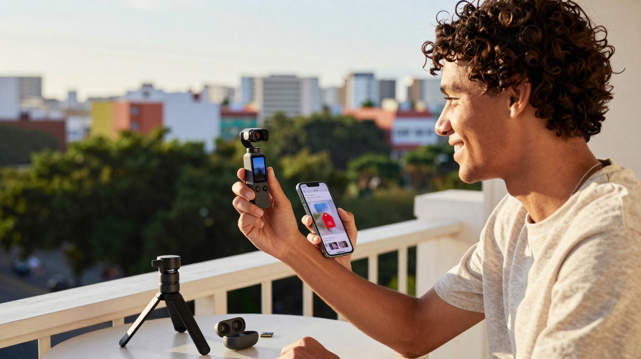 Young man holding a mini camera and smartphone on a balcony with city buildings and greenery in the background.