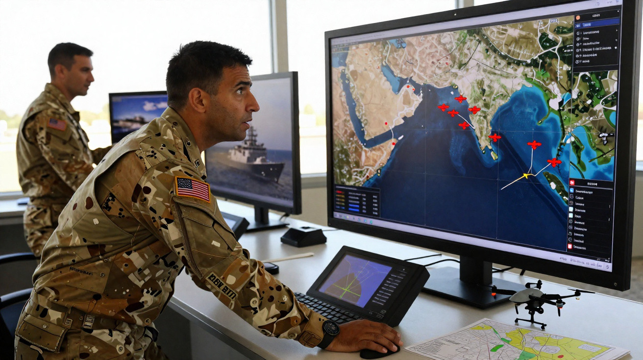 Military personnel monitoring a digital map with aircraft positions on a large screen in a control room.