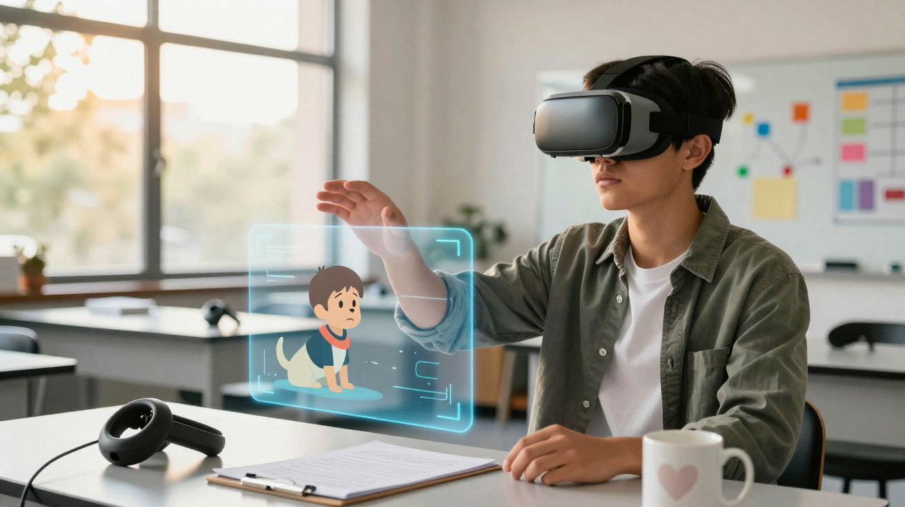 Young man using virtual reality headset interacting with a holographic animated dog in a classroom.